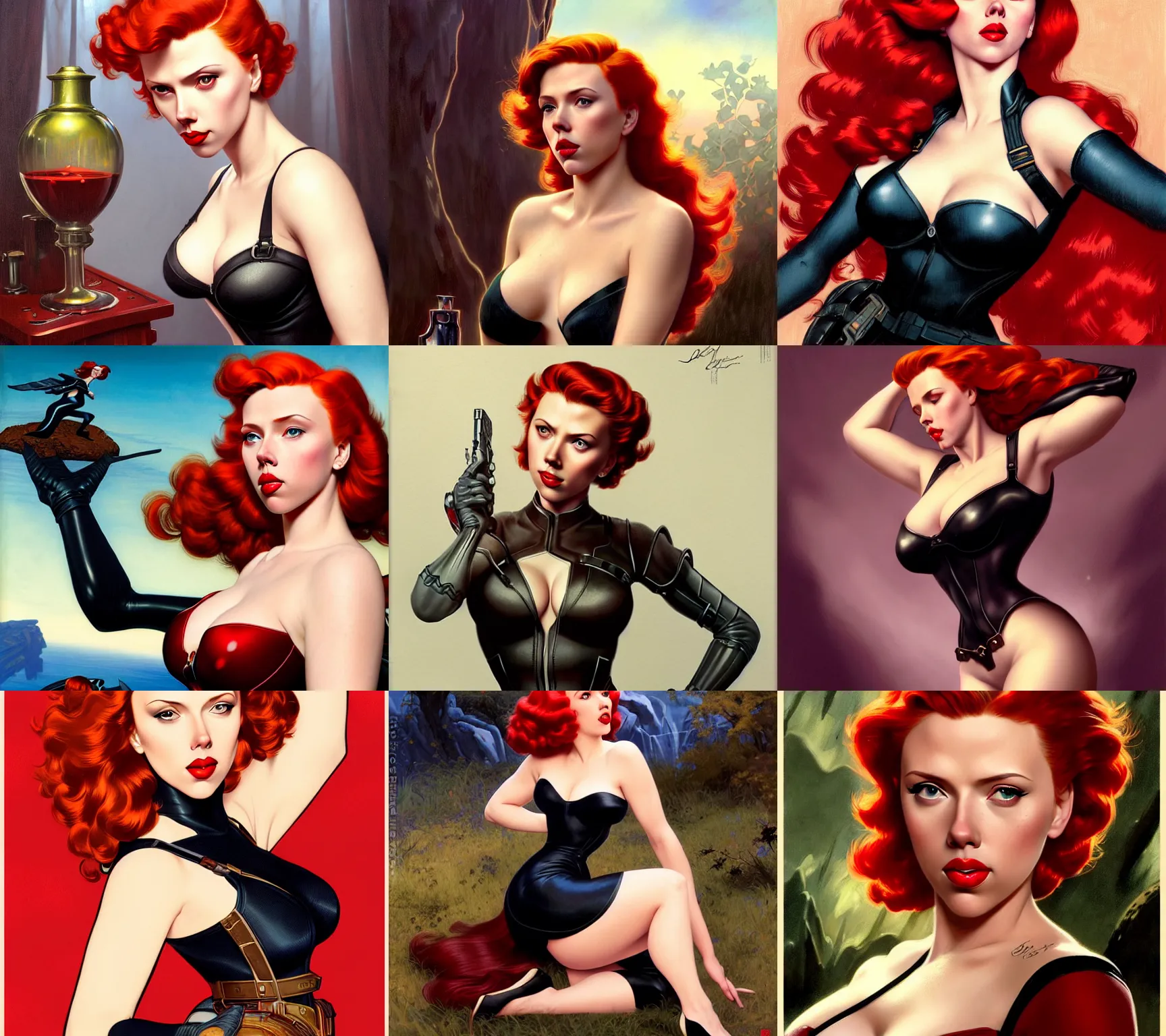 Prompt: redheaded pinup scarlett johansson black widow, deep focus, fantasy, intricate, elegant, highly detailed, digital painting, artstation, concept art, matte, sharp focus, illustration, hearthstone, art by gil elvgren, hugh ward, art frahm, hubbard sundblom, alberto vargas, artgerm and greg rutkowski and alphonse mucha.