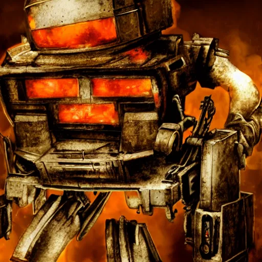 Image similar to head of toaster oven mecha, dark messy smoke - filled cluttered workshop, dark, dramatic lighting, orange tint, cinematic, highly detailed, sci - fi, futuristic, movie still