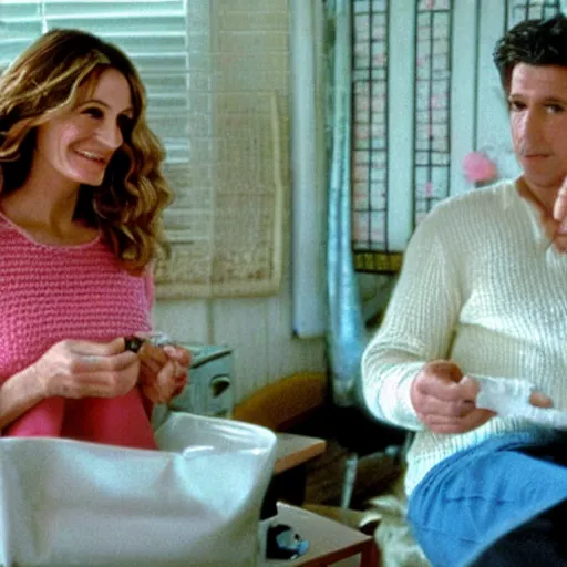 Image similar to Scene from Pretty Woman with crocheting figures. Julia Roberts and Richard are crocheting figures made of crochet