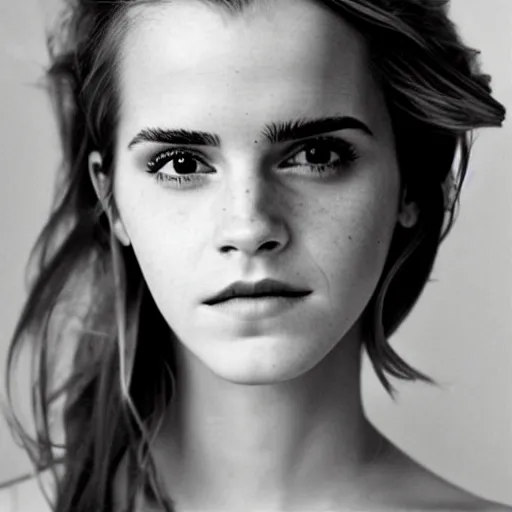 Prompt: Emma Watson closeup face shoulders very long hair hair slightly open lips Vogue fashion shoot by Peter Lindbergh fashion poses detailed professional studio lighting dramatic shadows professional photograph by Cecil Beaton, Lee Miller, Irving Penn, David Bailey, Corinne Day, Patrick Demarchelier, Nick Knight, Herb Ritts, Mario Testino, Tim Walker, Bruce Weber, Edward Steichen, Albert Watson
