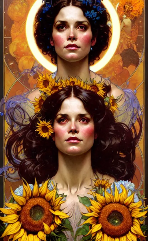 Prompt: magic gorgeous goddess portrait, sorrounded by sunflowers lighting by weta studio, mucha, bautista and norman rockwell and greg rutkowski and tom bagshaw and james gurney and lucasfilm