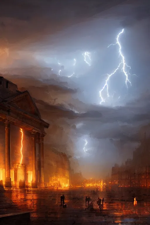 Prompt: ancient city of troy under a sky full of lightning, powerfull, intricate, elegant, volumetric lighting, digital painting, highly detailed, artstation, sharp focus, illustration, concept art, ruan jia, steve mccurry