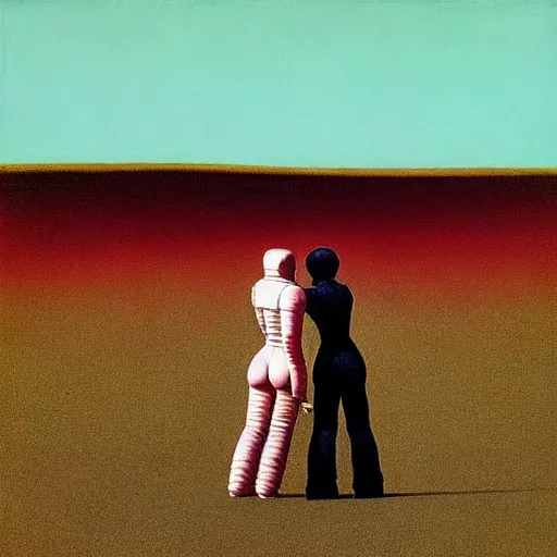 Prompt: portrait of two girls making out and love in astronaut suit by Andy warhol and Petros Afshar and Beeple, Edward Hopper and James Gilleard, Zdzislaw Beksinski, Mark Ryden, Wolfgang Lettl highly detailed