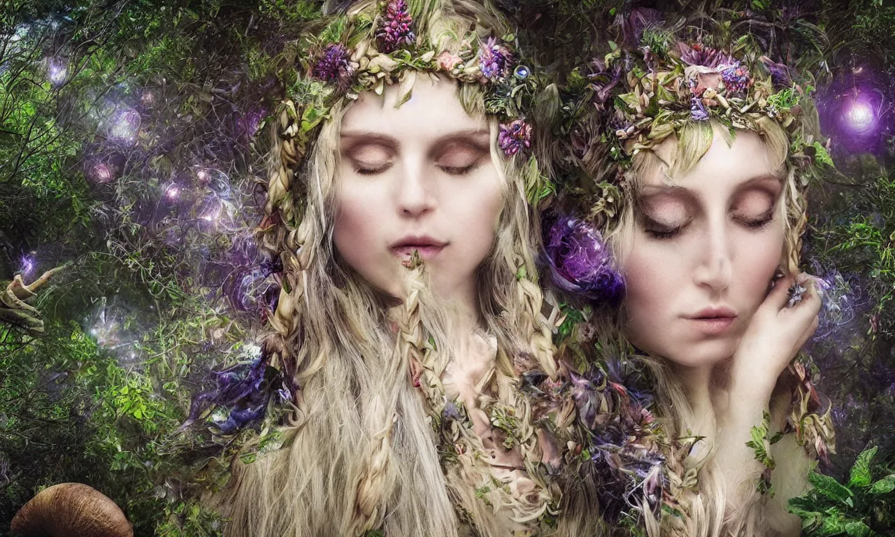 Image similar to beautiful blonde woman with plaits, forest fae, psychedelic mushrooms, magic, mystical, white witch, photorealistic, sacred geometry