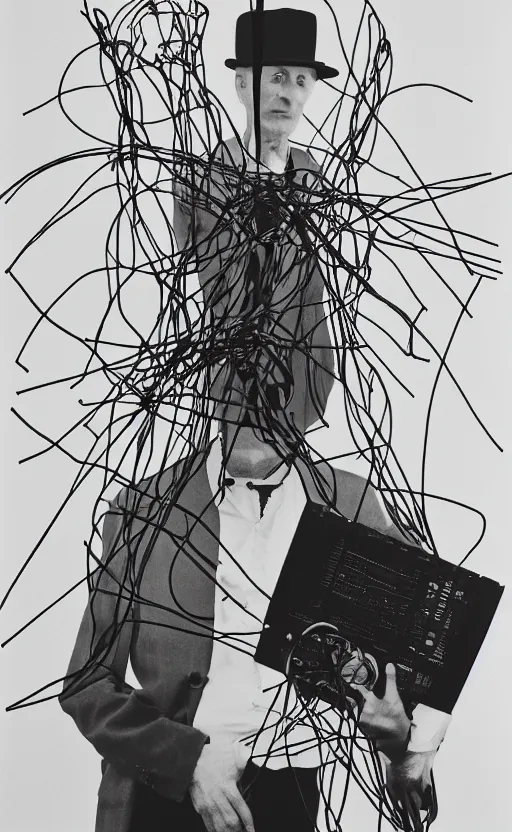 Image similar to a minimalist portrait of Marcel Duchamp holding computer cables in the style of Annie Leibovitz, Irving Penn, Hito Steyerl, Akira Kurosawa, Shinya Tsukamoto, line drawing and 35mm film, wide angle, monochrome, futuristic tetsuo