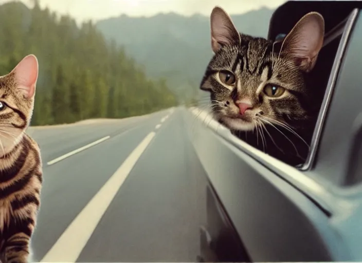 Image similar to A very high resolution image from a new movie, a cat driging around, inside of a car , mountains, Polaroid, directed by wes anderson