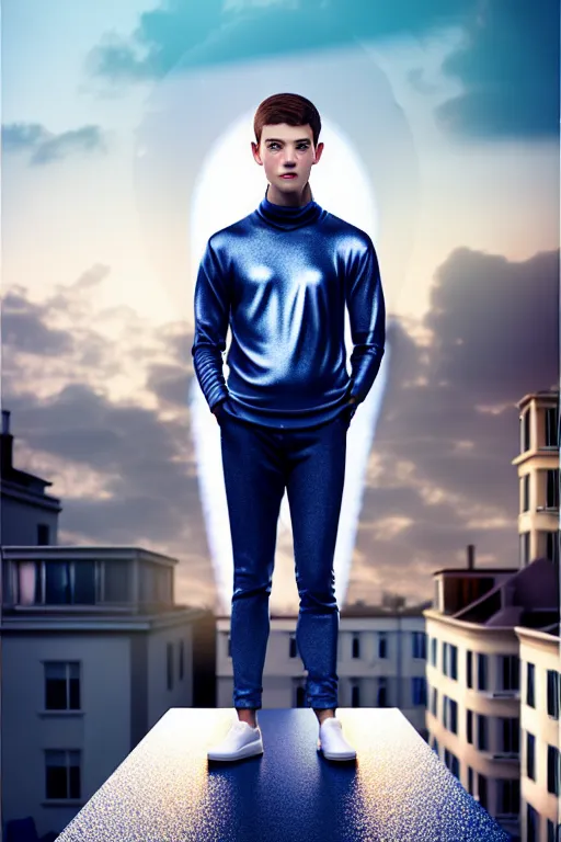 Image similar to un ultra high definition studio quality photographic art portrait of a young man standing on the rooftop of a british apartment building wearing soft padded silver pearlescent clothing. three point light. extremely detailed. golden ratio, ray tracing, volumetric light, shallow depth of field. set dressed.