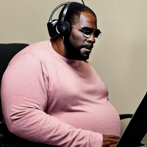 Image similar to obese r kelly sitting behind computer wearing headset