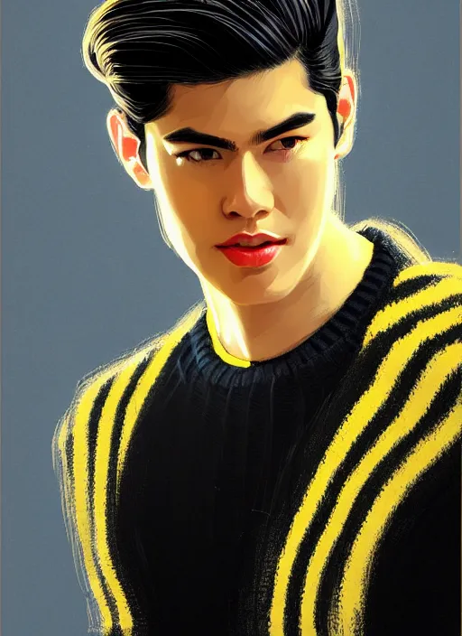 Image similar to portrait of young reggie mantle, mean smirk, egotistical, slicked back hair, striped yellow and black sweater, 1 9 5 0 s, intricate, elegant, glowing lights, highly detailed, digital painting, artstation, concept art, smooth, sharp focus, illustration, art by wlop, mars ravelo and greg rutkowski