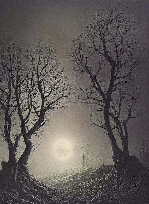 Image similar to a intricate oil painting of The Tomb in the dystopian landscape is opening through the ground, the dead has arisen under the glowing moon, dead trees and a brooding landscape by Giger and Dariusz Zawadzki and Beksinski