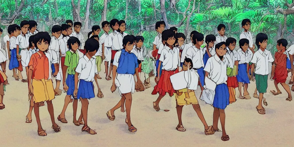 Image similar to sri lankan school kids, drawn by hayao miyazaki, rule of thirds