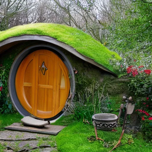 Prompt: view of a hobbit house, seen through the open door of another hobbit house