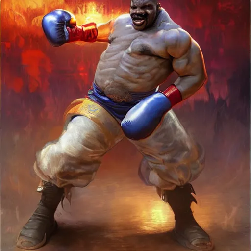 Image similar to steve harvey as balrog from street fighter, boxing gloves, punching air, ultra realistic, concept art, intricate details, eerie, highly detailed, photorealistic, octane render, 8 k, unreal engine. art by artgerm and greg rutkowski and magali villeneuve and alphonse mucha