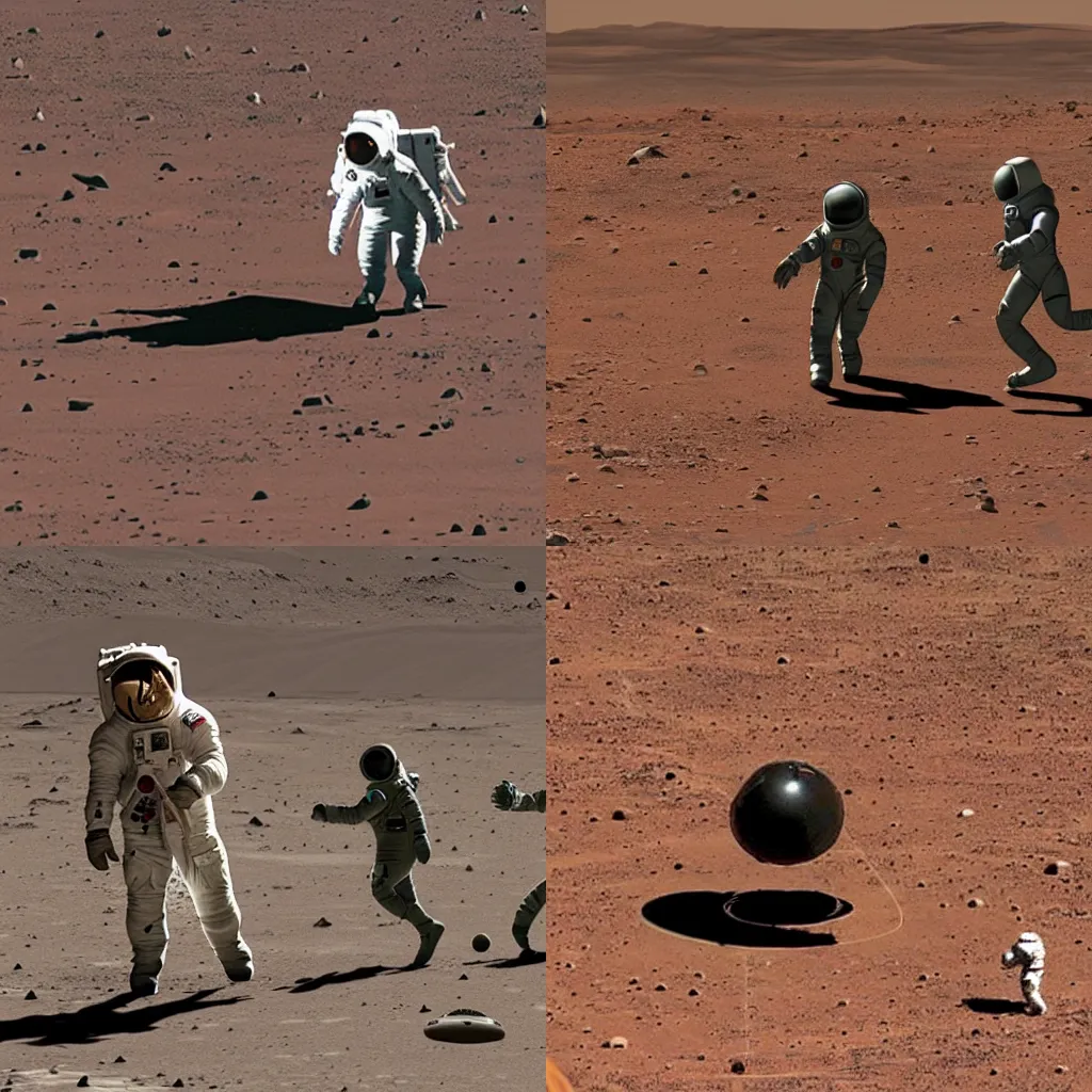 Prompt: an astronaut observing a few aliens playing soccer on Mars
