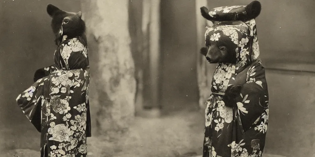 Prompt: anthropomorphic asian black bear in kimono, 1900s photo