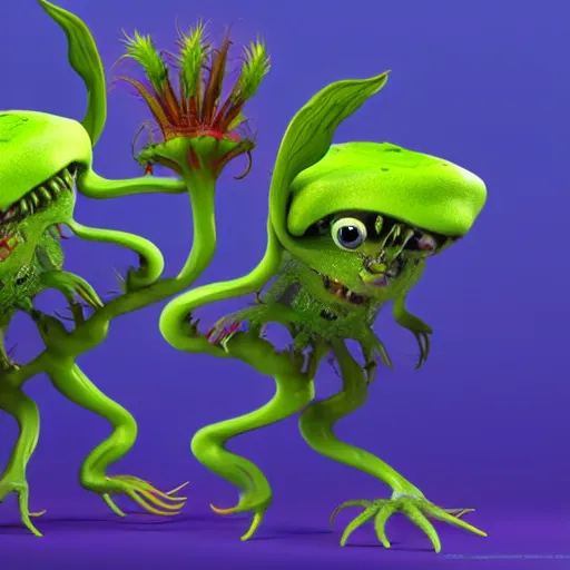 Image similar to cute alien carniverous plant creature with many eyes, big teeth, many arms, many leafy legs with radial symmetry detailed character concept 3 d pixar style render 4 k