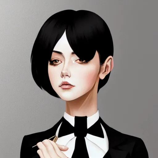 Image similar to slim girl in tuxedo with short black hair, elegant, 2d, ultra highly detailed, digital painting, smooth, sharp focus, artstation, art by Ilya Kuvshinov