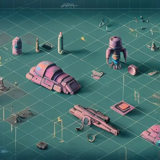 Image similar to context independency game art, detailed, artstation, 8 k, sci - fi, pastel colors, props, panel, concept, simon stalenhag, blueprint, items and gadget, big medium small, blueprint, vintage - w 1 0 2 4