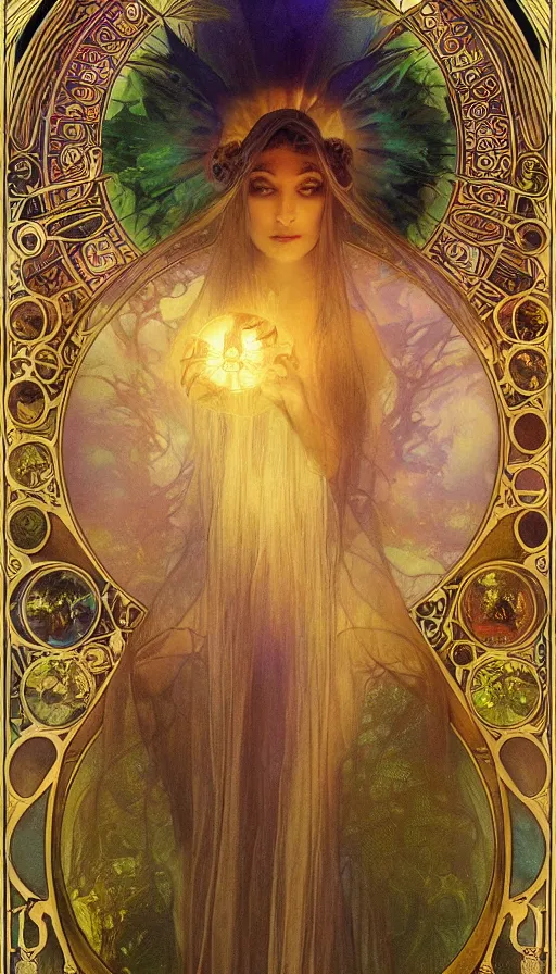 Prompt: goddess of illusion, beautiful, stunning, breathtaking, mirrors, glass, magic circle, magic doorway, fantasy, mist, bioluminescence, hyper - realistic, unreal engine, by alfons maria mucha