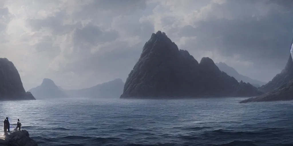 Prompt: screencap from a movie, epic matte painting of an island, cinematic cinematography masterpiece, greg rutkowski, and ivan aivazovski, roger deakins