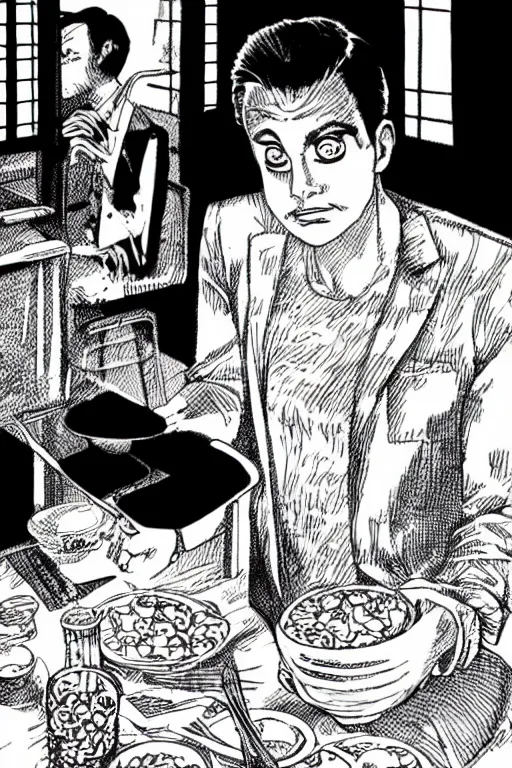 Image similar to junji ito illustration of ryan gosling eating cereal