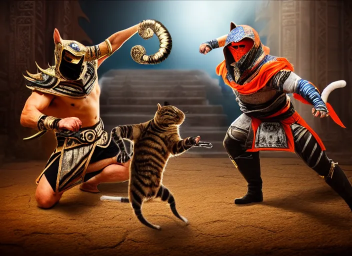 Image similar to hamster dressed as scorpion fights a cat dressed as sub zero in mortal kombat on the background of an ancient temple with a giant shao kahn laughing. fantasy magic style. highly detailed 8 k. intricate. lifelike. soft light. sony a 7 r iv 5 5 mm. cinematic post - processing