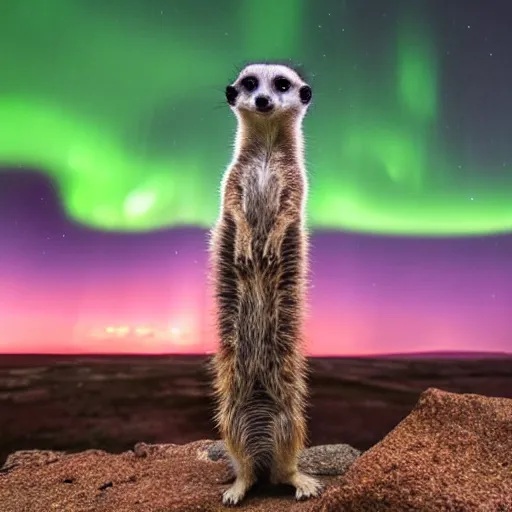 Image similar to An Award winning national geographic nature photo, from behind of a meerkat standing on a hill, looking at a Purple Auroras Borealis. 4K, ultra HD.