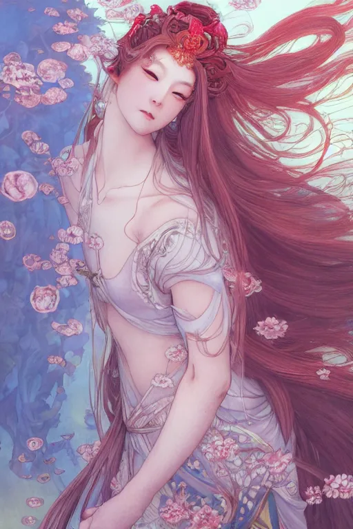 Image similar to breathtaking detailed soft painting of a samurai queen with long flowing red hair, anime style, pastel flower petals flying, in front of a pristine art nouveau cathedral, elegant, volumetric lighting, highly detailed, artstation, concept art, matte, sharp focus, art by pilyeon, Alfons Mucha and Miho Hirano