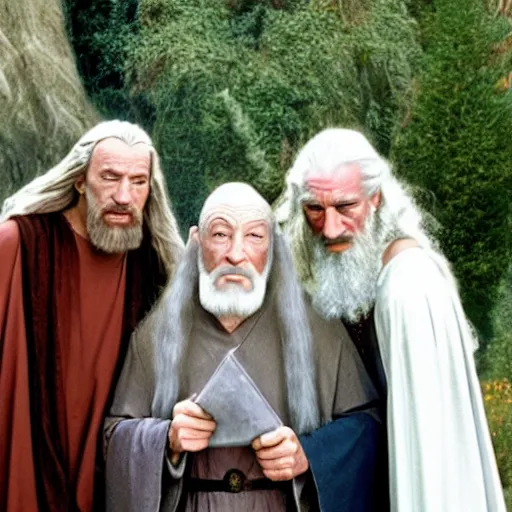 Prompt: jesus, gandalf and picard hanging out together