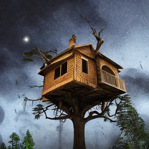 Prompt: an lone haunted treehouse on the moon, in a storm, golden hour, ray tracing reflection, 8k, hyper realistic, insanely detailed, hdr, octan render,