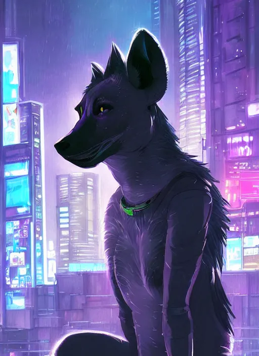 Prompt: beautiful portrait commission of a female furry anthro hyena fursona wearing a police uniform. Cyberpunk city at night in the rain. Neon light. Atmospheric. Character design by charlie bowater, ross tran, artgerm, and makoto shinkai, detailed, inked, western comic book art