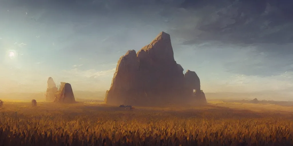 Prompt: wide shot of a floating monolith above a cornfield, late afternoon, golden hour, concept art by greg rutkowski and jakub rebelka