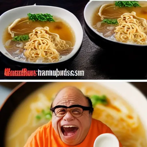 Image similar to danny devito face in a bowl of ramen