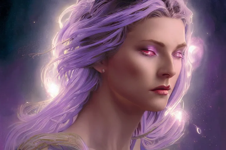 Prompt: female wizard with surrounded by trails of purple sparkling light, nge, dark fantasy, three quarter profile face closeup, intricate, highly detailed, digital painting, volumetric light, artstation, concept art, smooth, sharp focus, illustration, art by gil elvgren and greg rutkowski and luis royo, and alphonse mucha