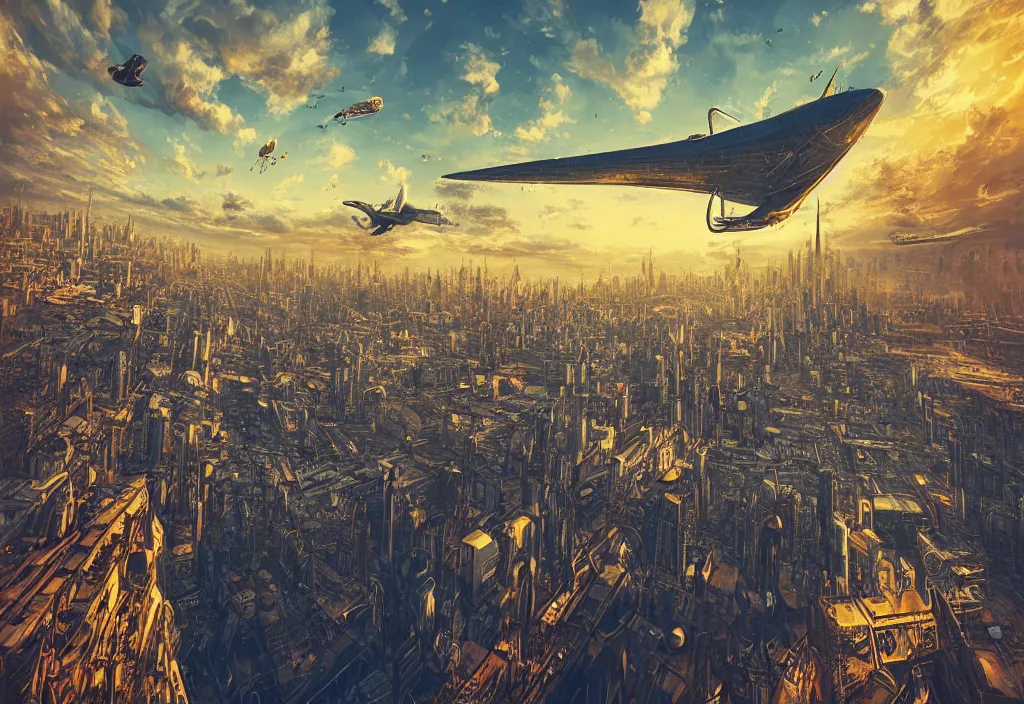 Image similar to flying city by alena aenami, zeppelin dock, city in the air, buildings are flying, steampunk, digital art, 4 k, trending on artstation, impressive, epic composition, highly detailed, golden hour, no ground