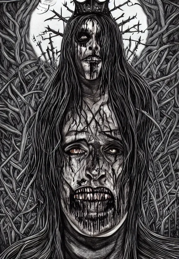 Image similar to man wearing corpse paint and a crown on thorns with long black hair, tears of blood. Wide shot at night. Detailed artwork by Junji Ito and dan Mumford