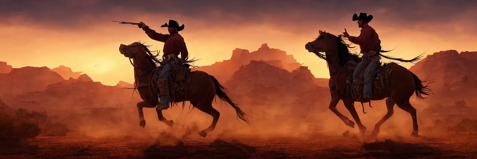 Prompt: a cowboy riding a horse and shooting a gun into the air, wild west background, sunset. digital art. amazing quality. perfect lighting. Professional design. Great composition. Mind blowing detail. award winning art. impressive colors. trending on artstation.