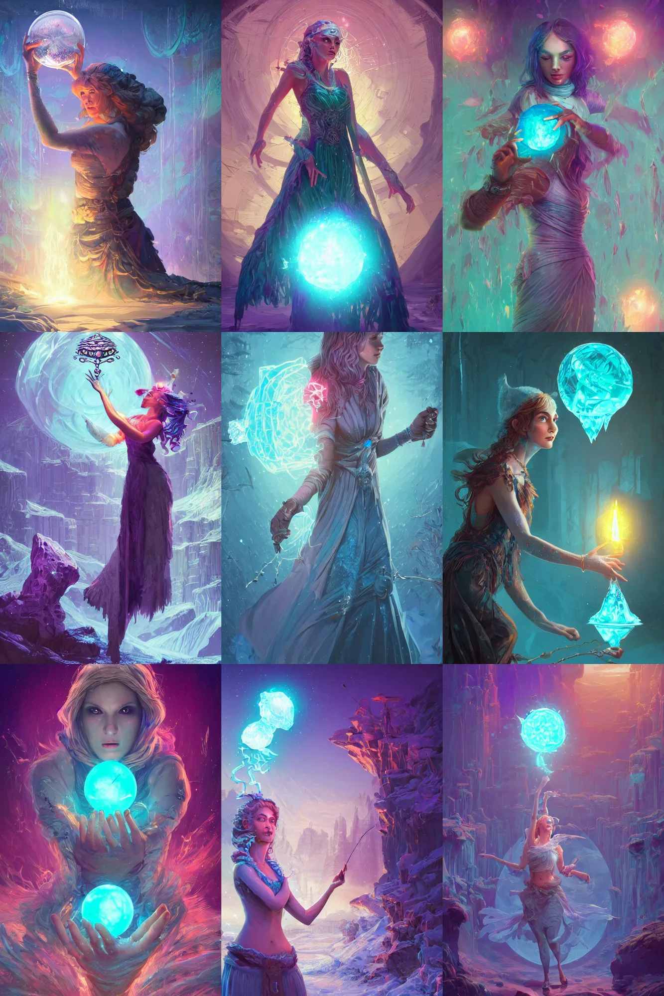 Prompt: A sorceress casting a ice ball, detailed illustration, digital art, overdetailed art, concept art, highly saturated colors, detailed illustration, hd, 4k, digital art, cgsociety and beeple highly detailed, cinematic lighting, illustration, art, very coherent. high detail, Dan Mumford, Greg, Rutkowski, trending on artstation