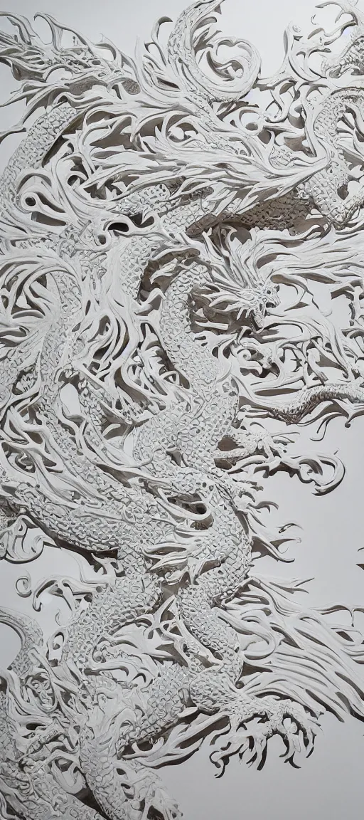 Prompt: a beautiful white dragon twisted around an ancient tree, intricate, maximalist, bright, clear,