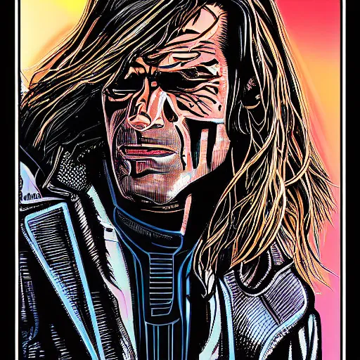 Image similar to close up portrait artwork of man with mullet, half face cyborg. From The Terminator 1984. Artwork by Dan Mumford