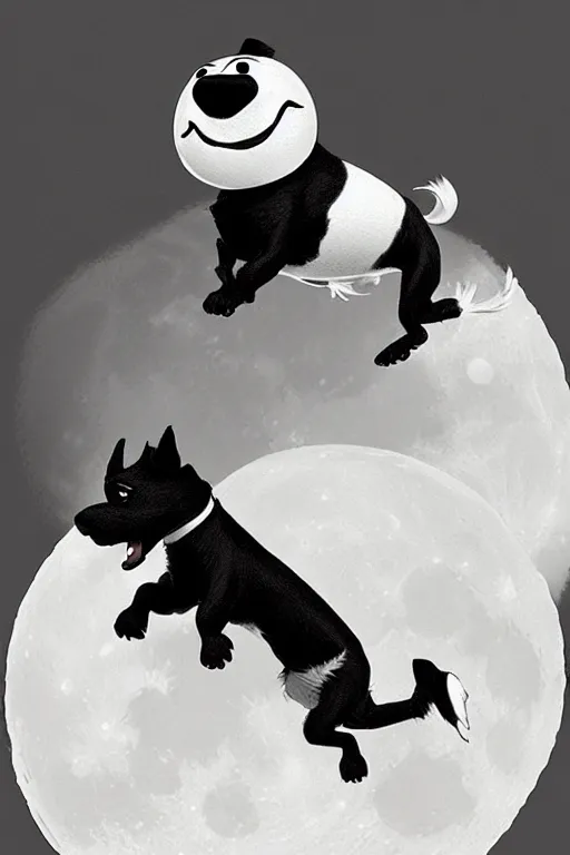 Image similar to cute jack black and white russel terrier jumping over a smiling moon, large round eyes, concept art, game art, character sheet, character design, by cory loftis and bill schwab