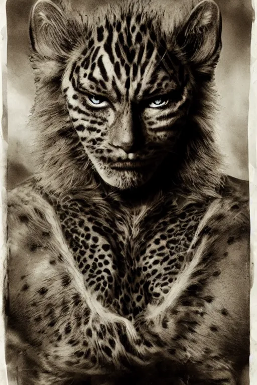 Image similar to cheetara from thundercats, portrait, full body, symmetrical features, silver iodide, 1 8 8 0 photograph, sepia tone, aged paper, sergio leone, master prime lenses, cinematic