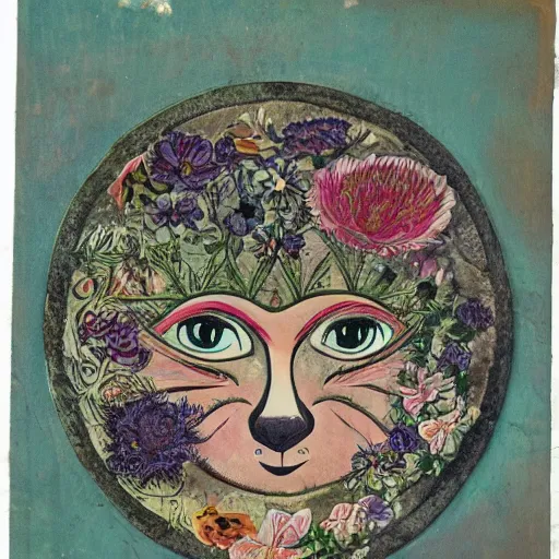 Image similar to image is fully filled with preserved flowers and detailing cat face is emerging from the center, rokoko style