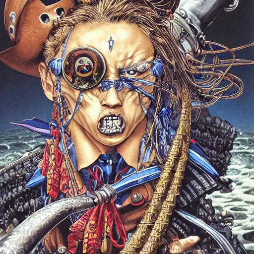 Image similar to portrait of crazy pirate with patch on one eye, symmetrical, by yoichi hatakenaka, masamune shirow, josan gonzales and dan mumford, ayami kojima, takato yamamoto, barclay shaw, karol bak, yukito kishiro