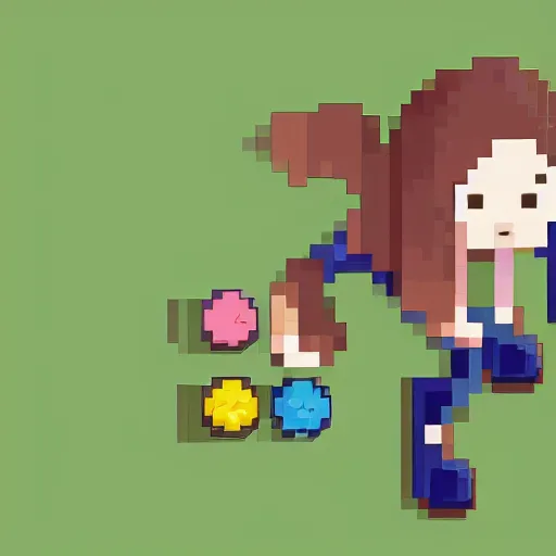 Prompt: isometric top view, 1 6 bit pixel art, nintendo game character, girl, brown jacket with long sleeves, brown hair, hair down, pigtails hair, green eyes, clean background