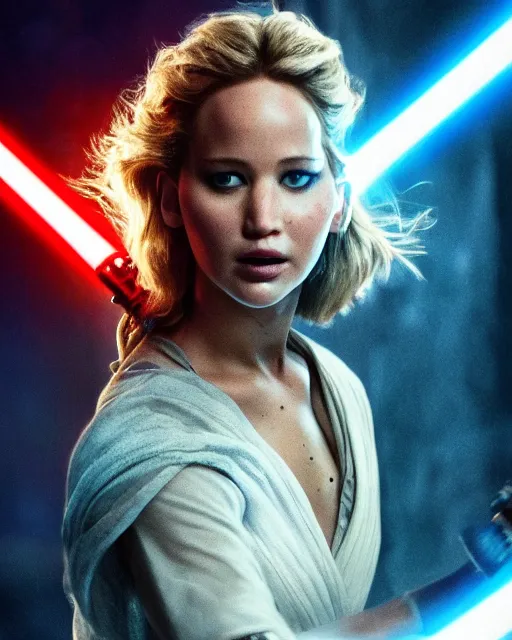 Image similar to jennifer lawrence as a jedi, battle scared with ripped clothes, holding up a blue lightsaber, very dark background, official new star wars episode xi movie poster from lucas arts, perfect symmetrical face, moody lighting, 8 k, shallow depth of field, intricate detail,