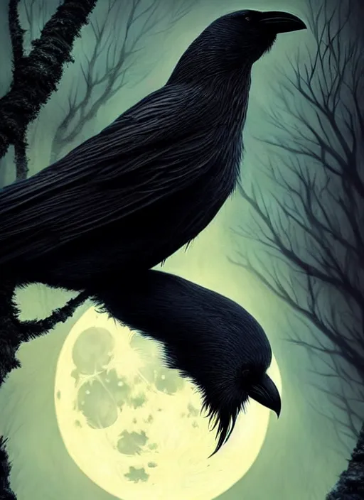 Image similar to side portrait dark crow on tree in front of the full big moon, fine art, awesome fantasy book cover on Pinterest, award winning, fantasy forest landscape, fantasy magic, dark golden light night, intricate, elegant, sharp focus, illustration, highly detailed, digital painting, concept art, matte, art by WLOP and Artgerm and Greg Rutkowski, masterpiece, trending on artstation