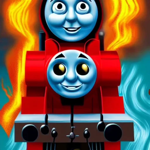 Image similar to Thomas the tank engine goes to hell, fire, satan, terrifying, caves, horror, hell, trending on artstation