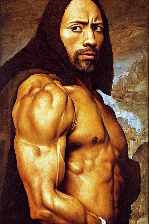 Prompt: dwayne the rock johnson, renaissance 1 6 0 0 portrait of dwyane the rock, oil painting by jan van eyck, northern renaissance art, oil on canvas, wet - on - wet technique, realistic, expressive emotions, intricate textures, illusionistic detail