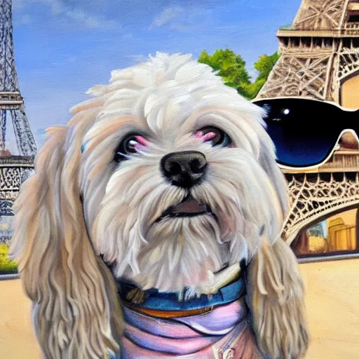 Prompt: oil painting portrait of a white labradoodle puppy fashion sunglasses and bandana sitting at outdoor cafe in paris with eiffel tower background, digital art, concept art, highly detailed, 3-D 4k, trending on art station, Mark Brooks,